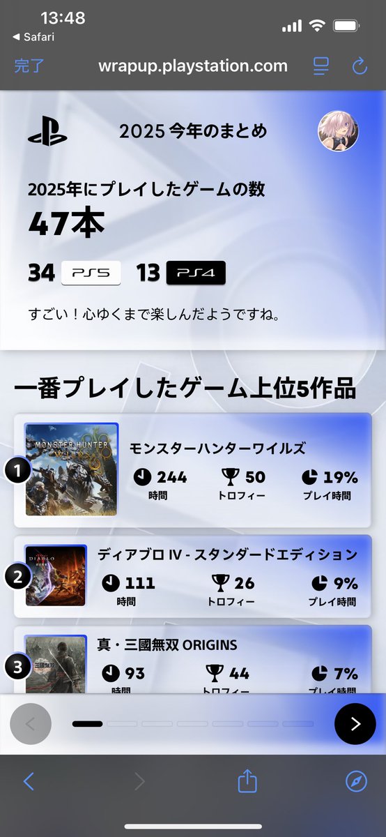 azrael42033's tweet photo. 2025 今年のまとめ
今年もまぁまぁゲームできた🤓
来年は1500時間超え目指して頑張りたいですね！皆様良いお年を！
#PlayStation  #ゲーム好きな人と繋がりたい https://t.co/AOlOBpgMUR