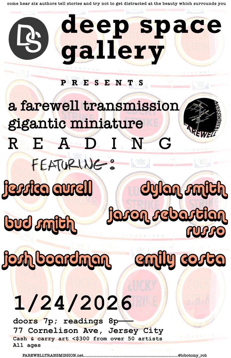 Will have a couple tees, bookmarks, stickers for sale. 
Not lugging a bunch, so hmu if you want one.
before/after readings, get a 120mm film portrait &amp; answer a single interview question. Take ~6 weeks, ~1k words, and we can run it w the photo, probably.