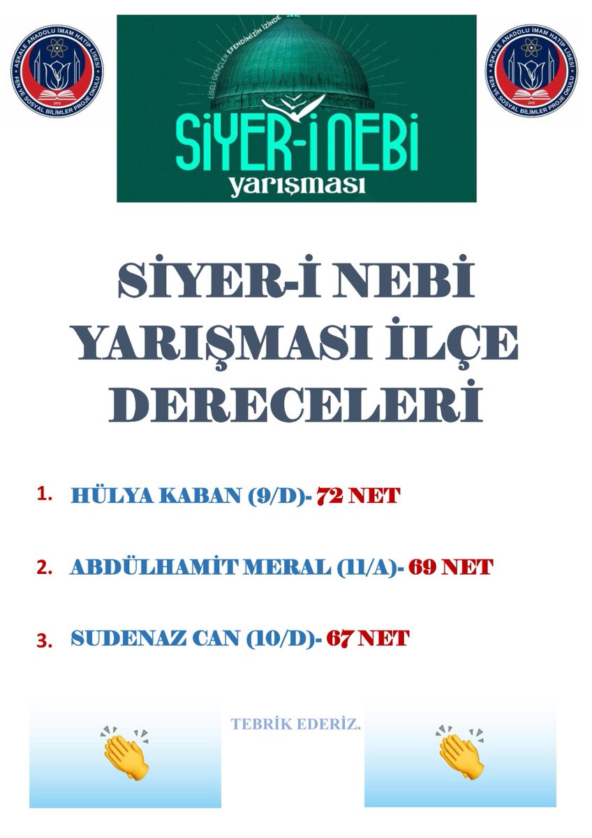 🏆Türkiye geneli yapılan SİYER-İ NEBİ YARIŞMASI sonucunda ilçe genelinde ilk üç dereceyi okulumuz öğrencileri almıştır. Bu büyük başarılarından dolayı kendilerini tebrik ederiz. 👏
<a href="/tcmeb/">Millî Eğitim Bakanlığı</a> <a href="/Erzurum_Mem/">Erzurum İl Millî Eğitim Müdürlüğü</a> <a href="/ekicis20/">Süleyman EKİCİ</a> <a href="/askalemem25/">Aşkale İlçe Millî Eğitim Müdürlüğü</a> <a href="/K_Karali25/">Kahraman KARALI</a>
