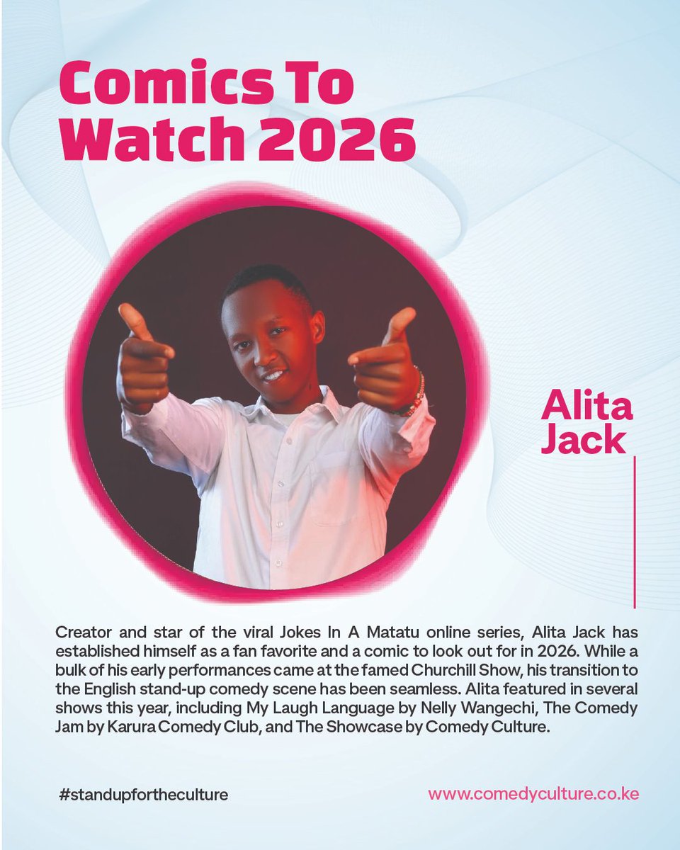 comedycultureke's tweet image. Creator and star of the viral Jokes In A Matatu online series, @alita_jack has established himself as a fan favorite and a comic to look out for in 2026. Alita took part in several shows this year, including My Laugh Language, The Comedy Jam, and The Showcase by Comedy Culture.