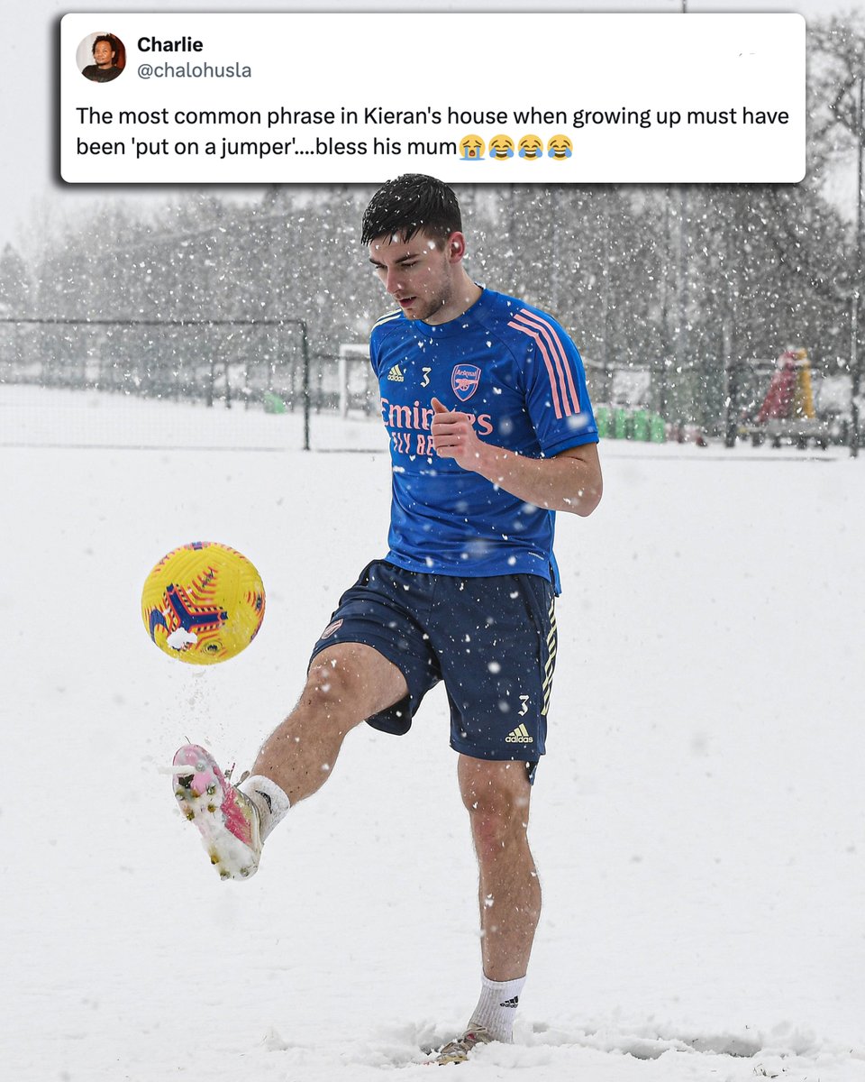 When Kieran Tierney turned up to Arsenal's training session in the snow wearing a t-shirt and shorts 🥶