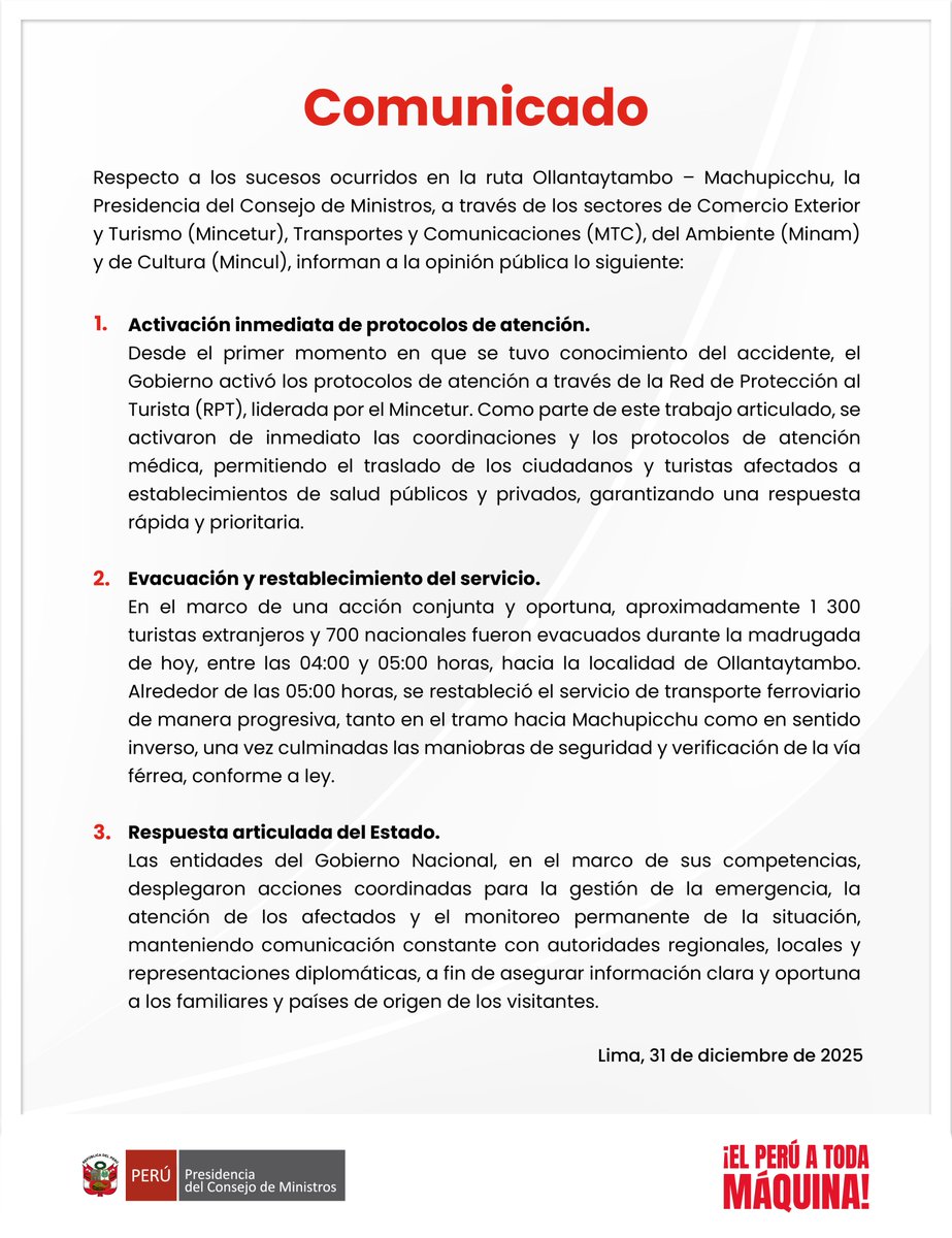 📌 Ante el accidente ocurrido en la ruta Ollantaytambo–Machupicchu, el Gobierno informa:

<a href="/MINCETUR/">MINCETUR 🇵🇪</a> <a href="/MTC_GobPeru/">Ministerio de Transportes y Comunicaciones</a> <a href="/MinamPeru/">Ministerio del Ambiente 🇵🇪♻️</a> <a href="/MinCulturaPe/">Ministerio de Cultura del Perú</a>