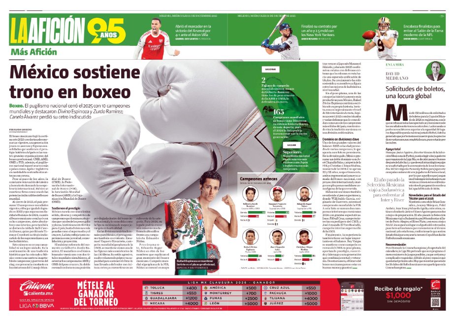 #FelizMiércoles | Hoy en tu <a href="/Milenio/">Milenio</a> Diario 📰🗞

🥊 México sostiene trono en boxeo
🦅 Fin del ciclo ganador: América cierra 2025 volando bajo
🚂 Miguel Borja llega a Cruz Azul a imprimir más poder a Cruz Azul

Encuentra la mejor información deportiva 👉milenio.com/deportes