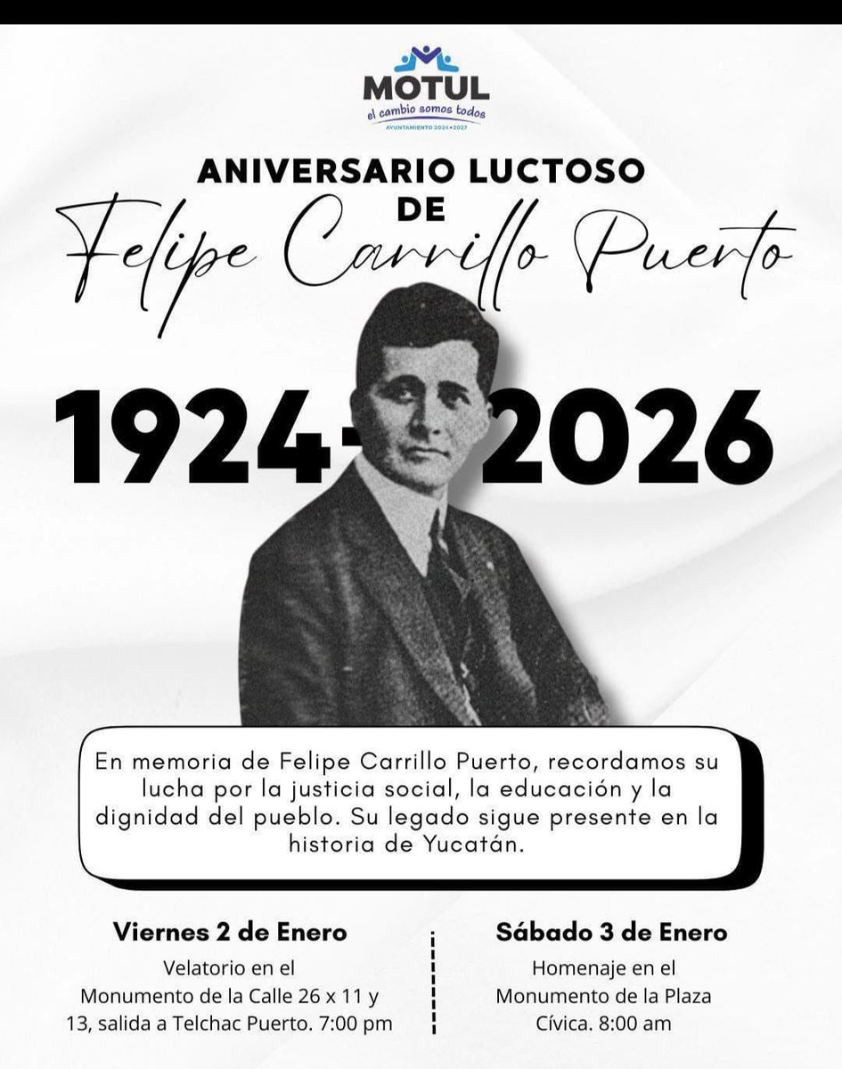 DomoDeCristal's tweet image. 🚨EVENTO IMPORTANTE 

Viernes 2 de Enero
📍Velatorio en el
Monumento de la Calle 26 x 11 y 13, salida a Telchac Puerto. 

⏰7:00 pm
📅Sábado 3 de Enero

‼️Homenaje en el Monumento de la Plaza Cívica. 🕒8:00 am