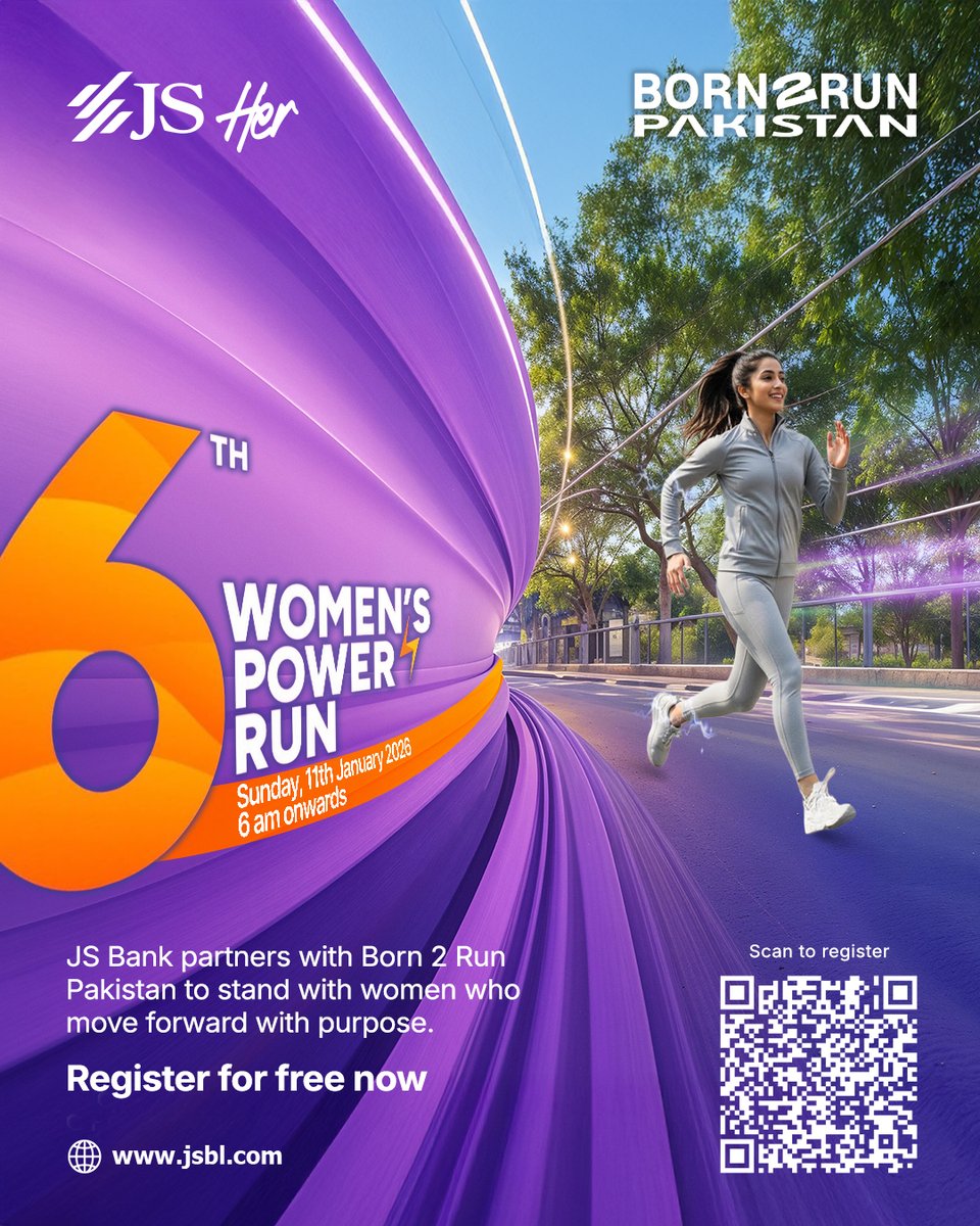 We are excited to be the Title Sponsor of the 6th Women’s Power Run, in partnership with Born to Run - Pakistan. 
Register for free now: docs.google.com/forms/d/e/1FAI…

📅 Sunday, 11th January 2026 | ⏰ 6:00 AM onwards

#JSBank #BarhnaHaiAagey #TitleSponsor #6thWomenPowerRun