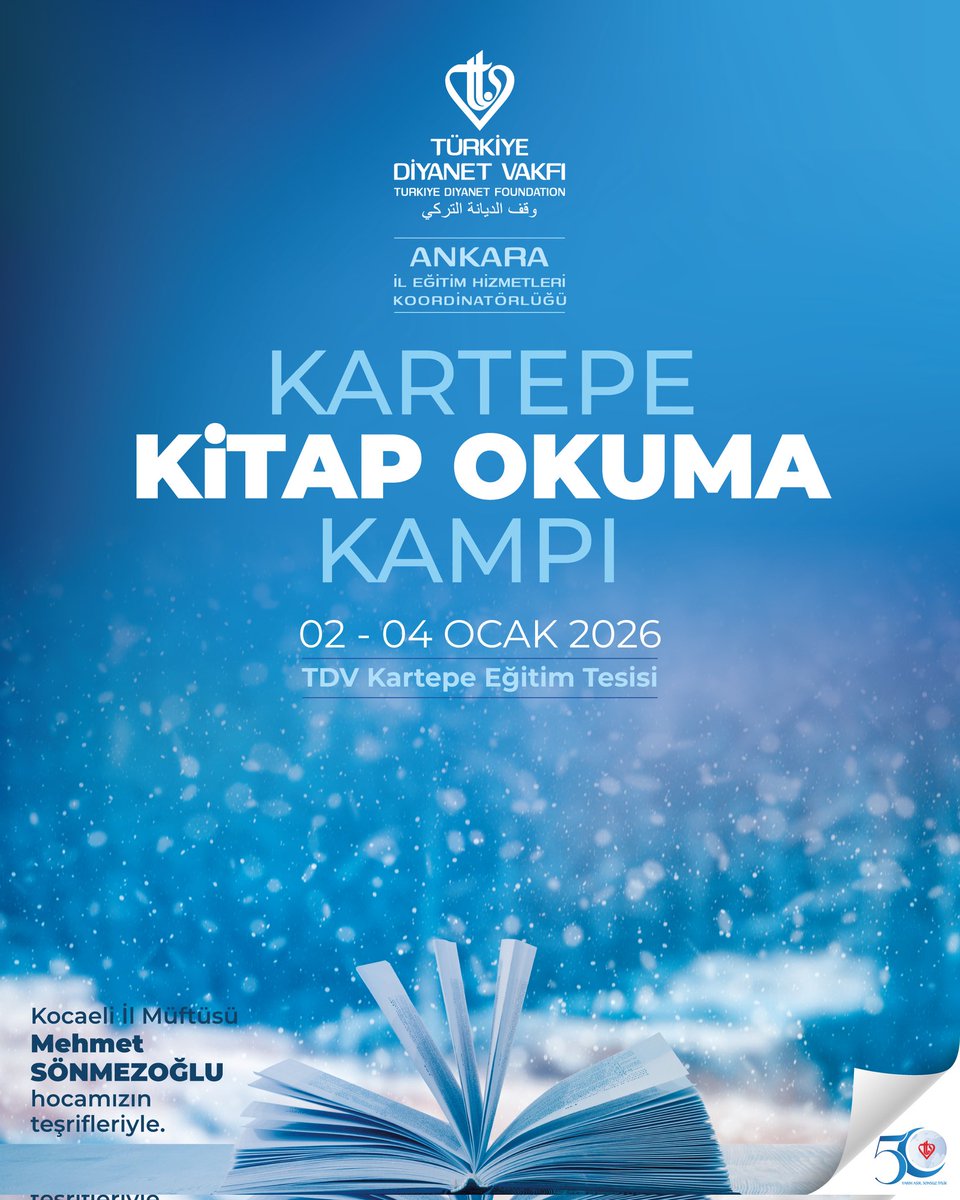 Türkiye Diyanet Vakfı Ankara İl Eğitim Hizmetleri Koordinatörlüğü tarafından, erkek burslu öğrencilerimize yönelik olarak 2–4 Ocak tarihleri arasında Kartepe’de Kitap Okuma Kampı düzenlenecektir.
<a href="/DiyanetVakfi/">Türkiye Diyanet Vakfı</a> 
#tdv