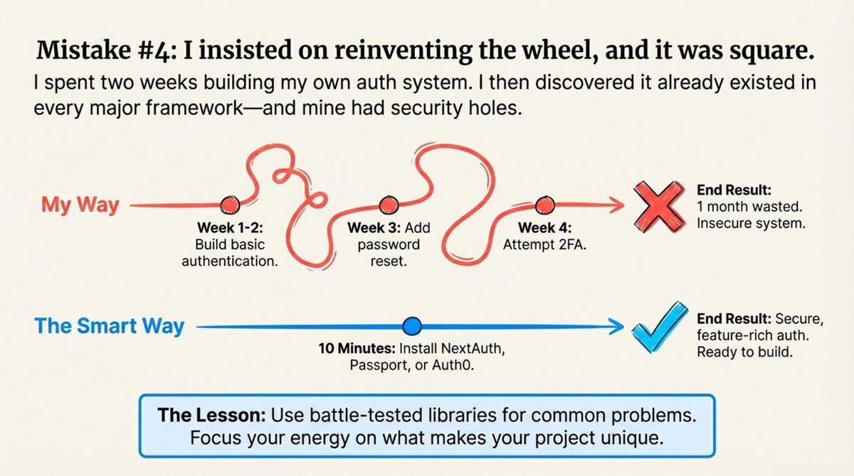 naseemkhandev's tweet photo. Mistake #4
Reinventing the wheel 🔁
Built my own auth system
Then password reset
Then 2FA

One month wasted.
Libraries exist for a reason.
Use them.
#webdev #codingmistakes #softwaredeveloper https://t.co/r6tp4DYSEa