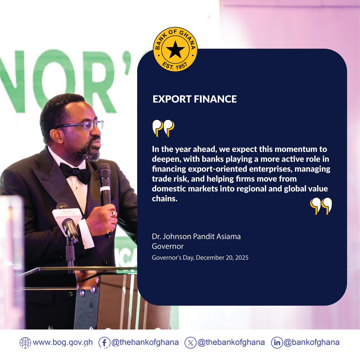 thebankofghana's tweet photo. On December 20, 2025, Bank of Ghana Governor, Dr. Johnson P. Asiama, reflected on the year's events and shared policy suggestions for 2026 at the Governor's Day (Annual Bankers’ Dinner). Here are some key highlights from his speech. https://t.co/7a7eXcMPWb