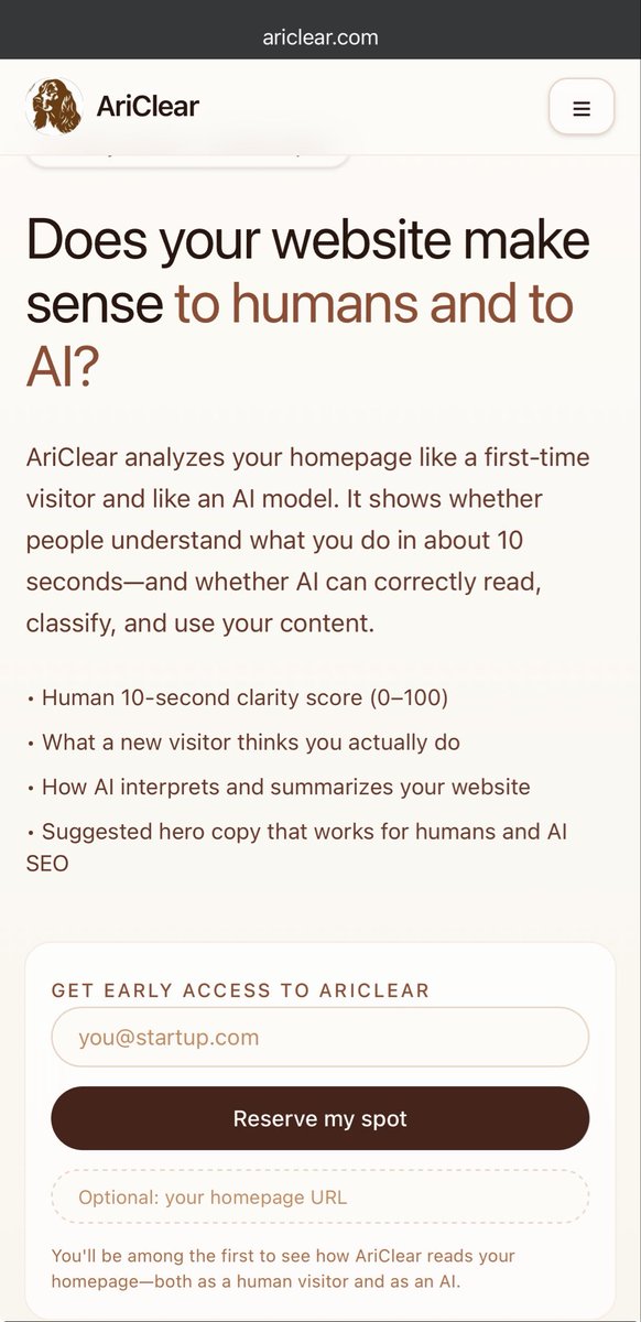 slavo3dev's tweet photo. Most websites fail in the first 10 seconds.
AriClear shows what humans and AI actually understand from your site.

Clarity > traffic.
👉 https://t.co/nkBwOlVNBw

#AISEO #LLMs #WebPerformance #UXWriting https://t.co/IW0Kkc1pOE