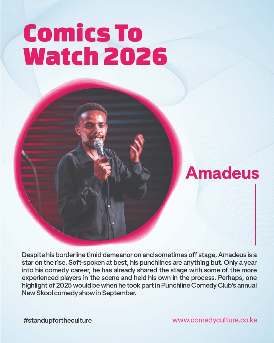 comedycultureke's tweet image. Despite his borderline timid demeanor on and sometimes off stage, Amadeus is a star on the rise. Soft-spoken at best, his punchlines are anything but. A highlight of 2025 would be when he took part in Punchline Comedy Club's annual New Skool comedy show in September.