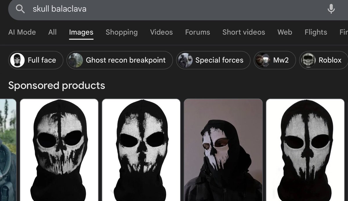 kelskiYT's tweet image. A probable scenario I don’t see many people thinking of… AI

The CoD skull paint is super popular. Ghost, of course, being an iconic character rocking the design

Just searching “skull balaclava” on Google gives you SO many pics clearly resembling it

It’s likely some designer…