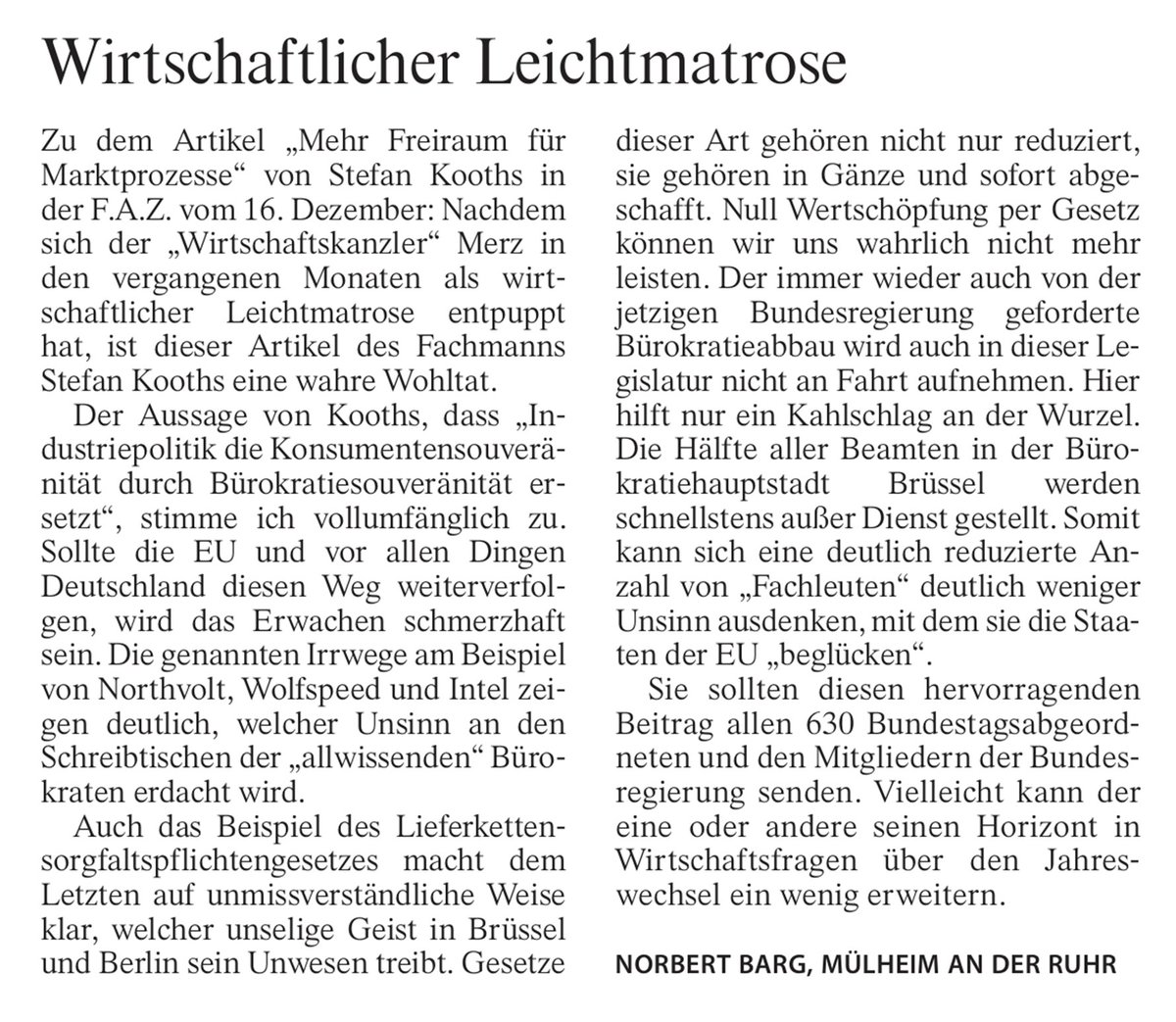 StefanKooths's tweet image. Leserbrief (F.A.Z., 31.12.2025, S. 22):