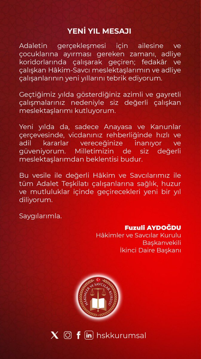 Hâkimler ve Savcılar Kurulu Başkanvekili, 2. Daire Başkanı sayın Fuzuli Aydoğdu’nun yeni yıl mesajı