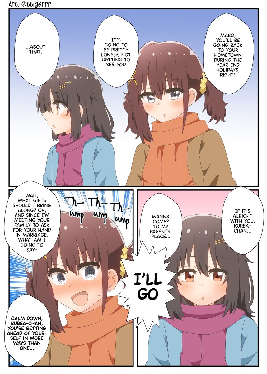 ttigerrr まこが「先走り」って言ったのは、「今はまだ早いけど、将来絶対に結婚する」って意味かな〜 [EN Ver.] 英語翻訳です！  Original/原作：@ttigerrr Caption: Year end holidays MakoKure manga Kurea-san,  getting ahead of herself #ひびめし #Hibimeshi