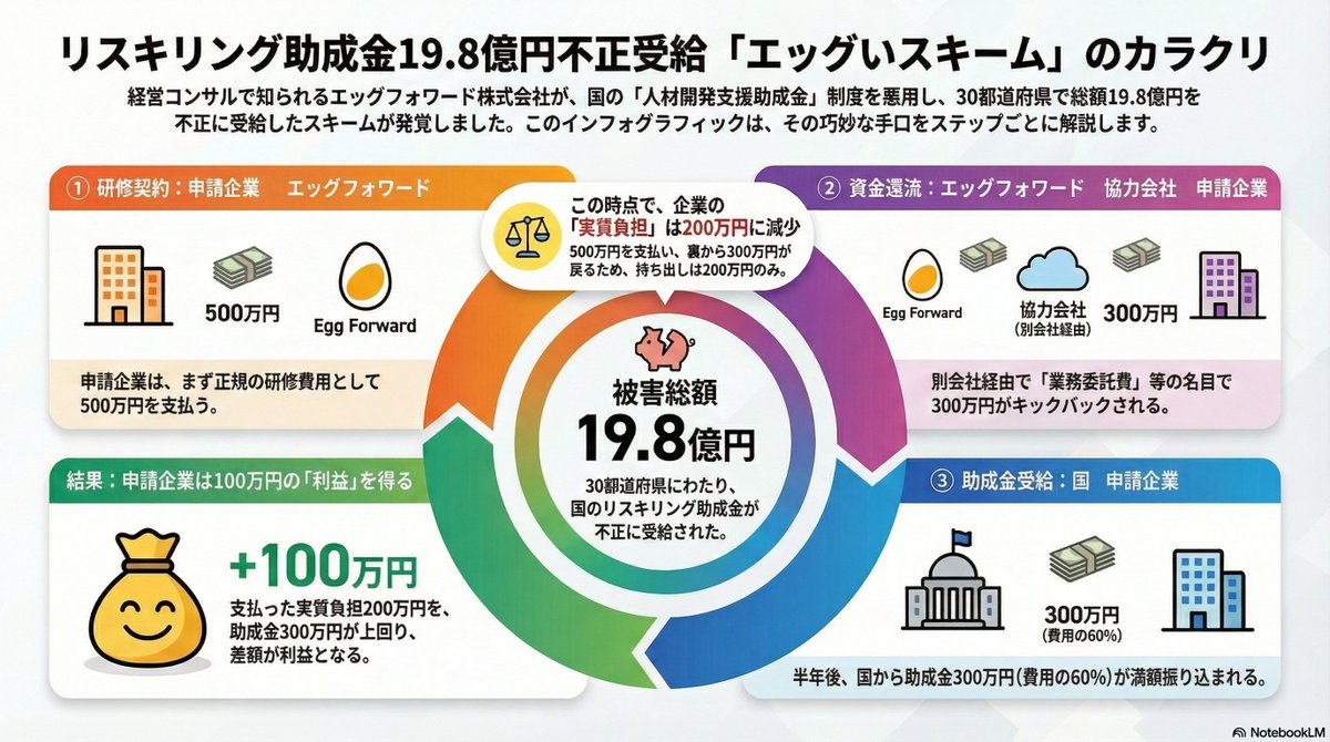 LOCAMA_AT's tweet photo. エッグフォワードって結構よく名前を聞くのでこんなことに加担していることに驚きました。そして何回読んでもよくわからなかったので図解してもらいました。

・申請企業は最初に500万払ったけど、助成金で300万戻る（実質負担は 200万）
・さらに申請企業が協力会社（という名の謎の会社）から300万円で仕事を発注される
・申請企業は結果的に＋100万円儲かる

これを20億近くやってるわけか。ガチでエグいぞ。