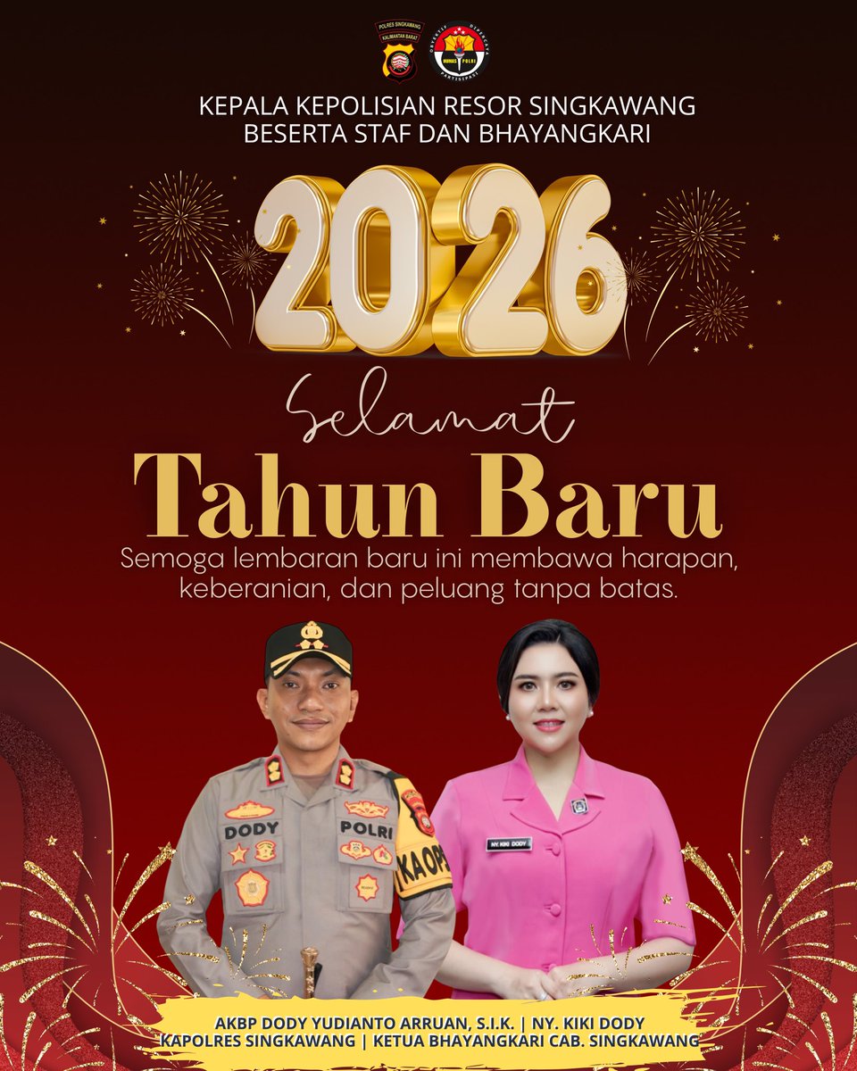 SihumasResSkw's tweet photo. Kepala Kepolisian Resor Singkawang AKBP Dody Yudianto Arruan, S.I.K. Beserta Staf dan Bhayangkari Mengucapkan Selamat Tahun Baru 2026
“Semoga lembaran baru ini membawa harapan, keberanian, dan peluang tanpa batas”
#tahunbaru #opslilin #opslilinkapuas2025 https://t.co/xQs3hBCSib