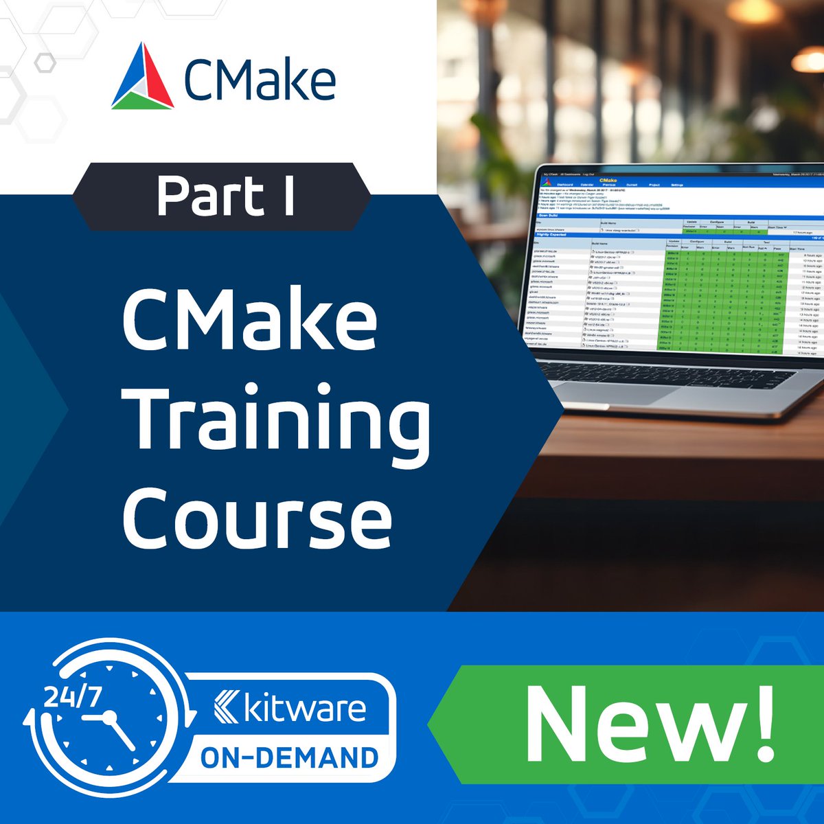 Kitware's tweet photo. Stop wasting time on build issues 🛠️ Part 1 of Kitware’s on-demand CMake course covers installation, project setup, and compilation through exercises you can complete anytime, anywhere. Take the first step toward mastering CMake:  https://t.co/afWraPBZPb 

 #CMake #SoftwareDevelopment #OnDemandLearning