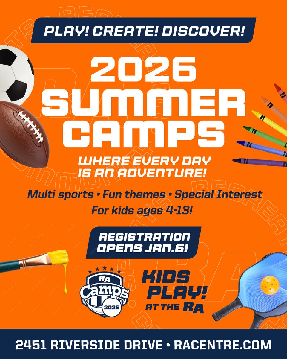 Get ready for another ACTION-PACKED summer with the RA Youth team!

🧒 Junior Day Camps - Ages 4-5
☀️ Day Camps - Ages 6-8
🏀 Sports &amp; Special Interest Camps - Ages 6-13
🤝 One-on-One Experience - Ages 4-13

Registration opens Tuesday, January 6!

racentre.com/summer-camps
