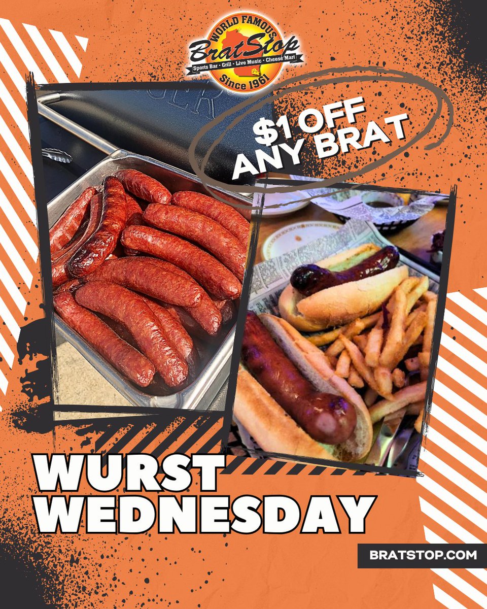 Brats for days! Grab your favorite brat today and enjoy $1 off all Wurst Wednesday long 🌭✨ #BratStopFood #MidweekTreat #WisconsinFlavors