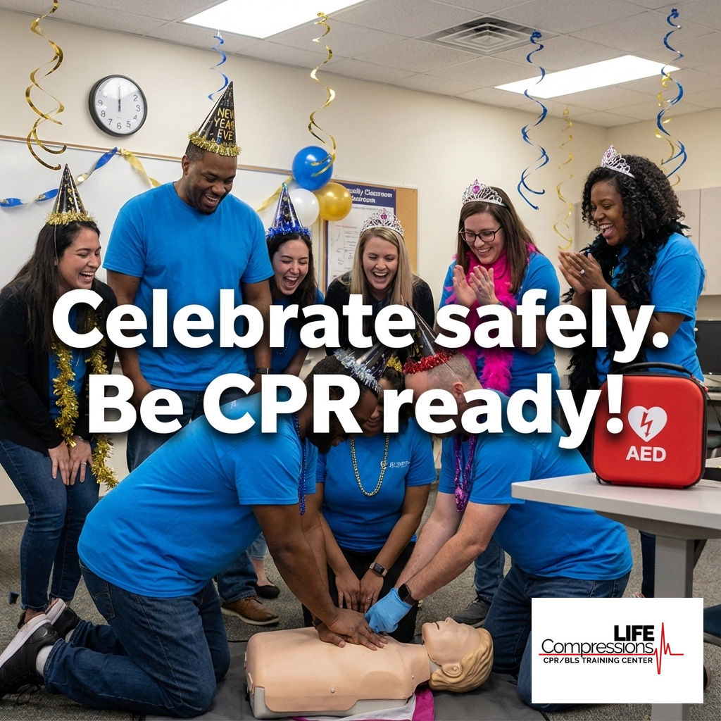 LifeCompression's tweet image. CPR skills save lives: especially when New Year's gets wild! Know your crowd, keep it safe, and if someone collapses, act FAST: call 911 &amp;amp; start compressions. Let’s make 2026 unforgettable (for all the right reasons). #NYE2026 #SafeCelebrations #CPRReady #BeTheHelp