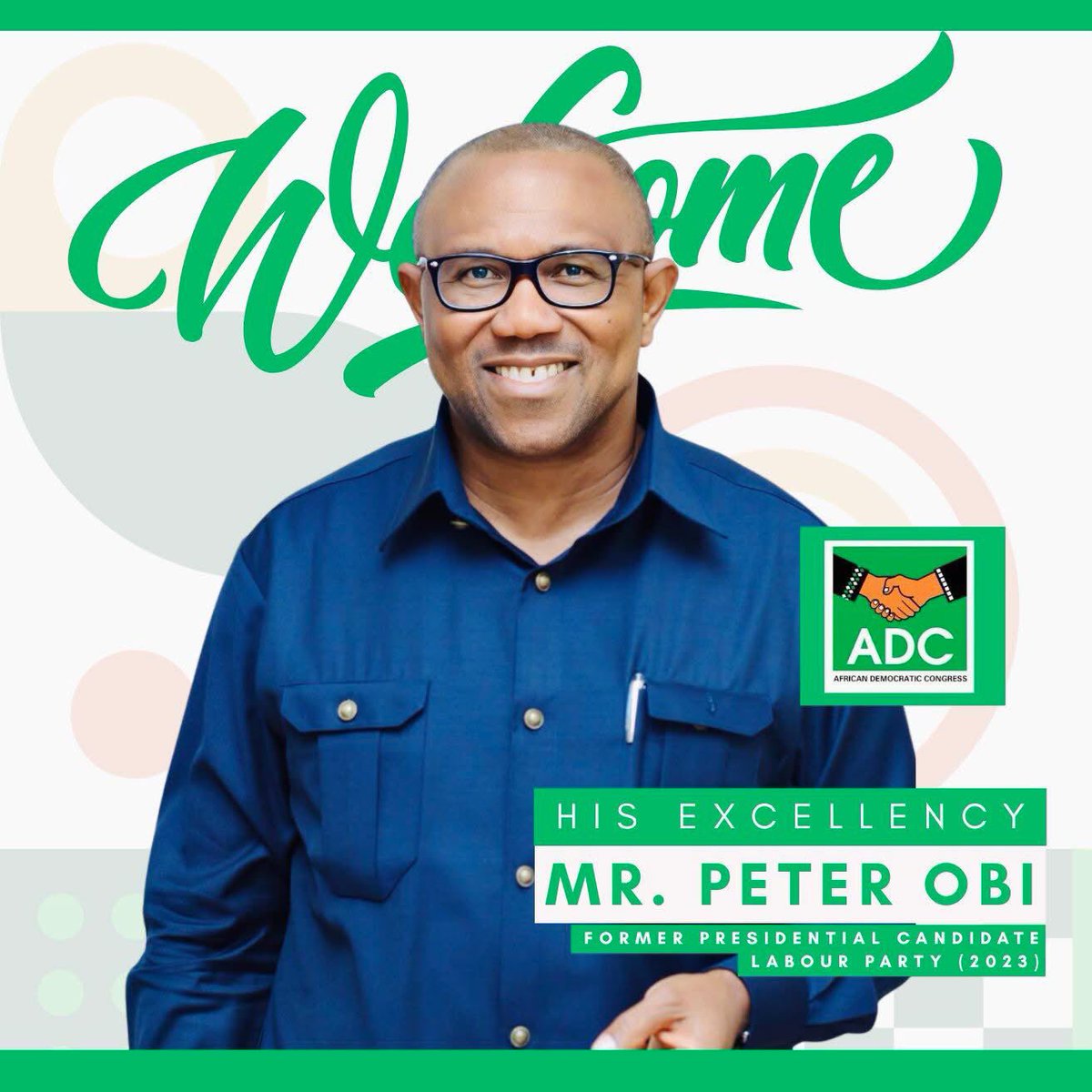 ADCNig's tweet image. The African Democratic Congress (ADC) is delighted to officially welcome the former two-term Governor of Anambra State, and Presidential Candidate of the Labour Party in the 2023 General Election, Mr. Peter Obi, to the ADC. 

What a way to begin the New Year!

#AriseAndShine