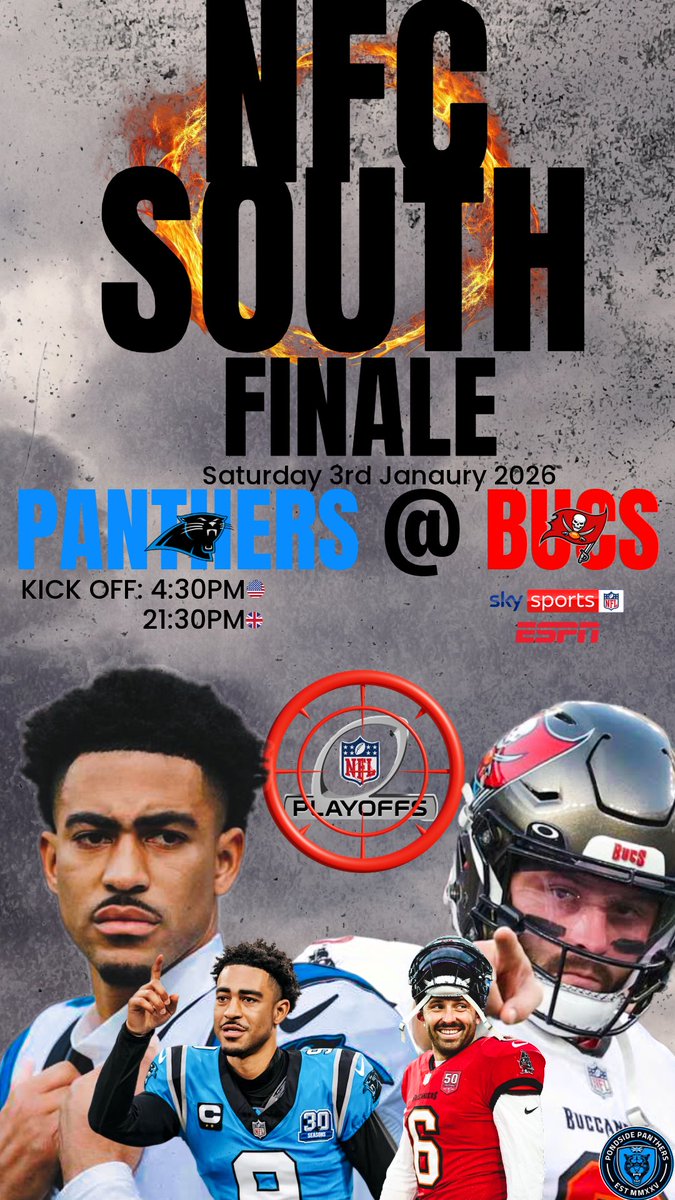 PondsidePanther's tweet photo. ONE LAST DANCE FOR THE NFC SOUTH!
🗓️- Saturday 3rd January 2026
✈️- @Buccaneers @BucsUK
🕰️ - 4:30PM(Local)- 21:30PM(UK)
Let’s end the regular season strong and get into our first playoffs since 2017.
#KeepPounding #BeatTampa https://t.co/lJPuAlmuqw