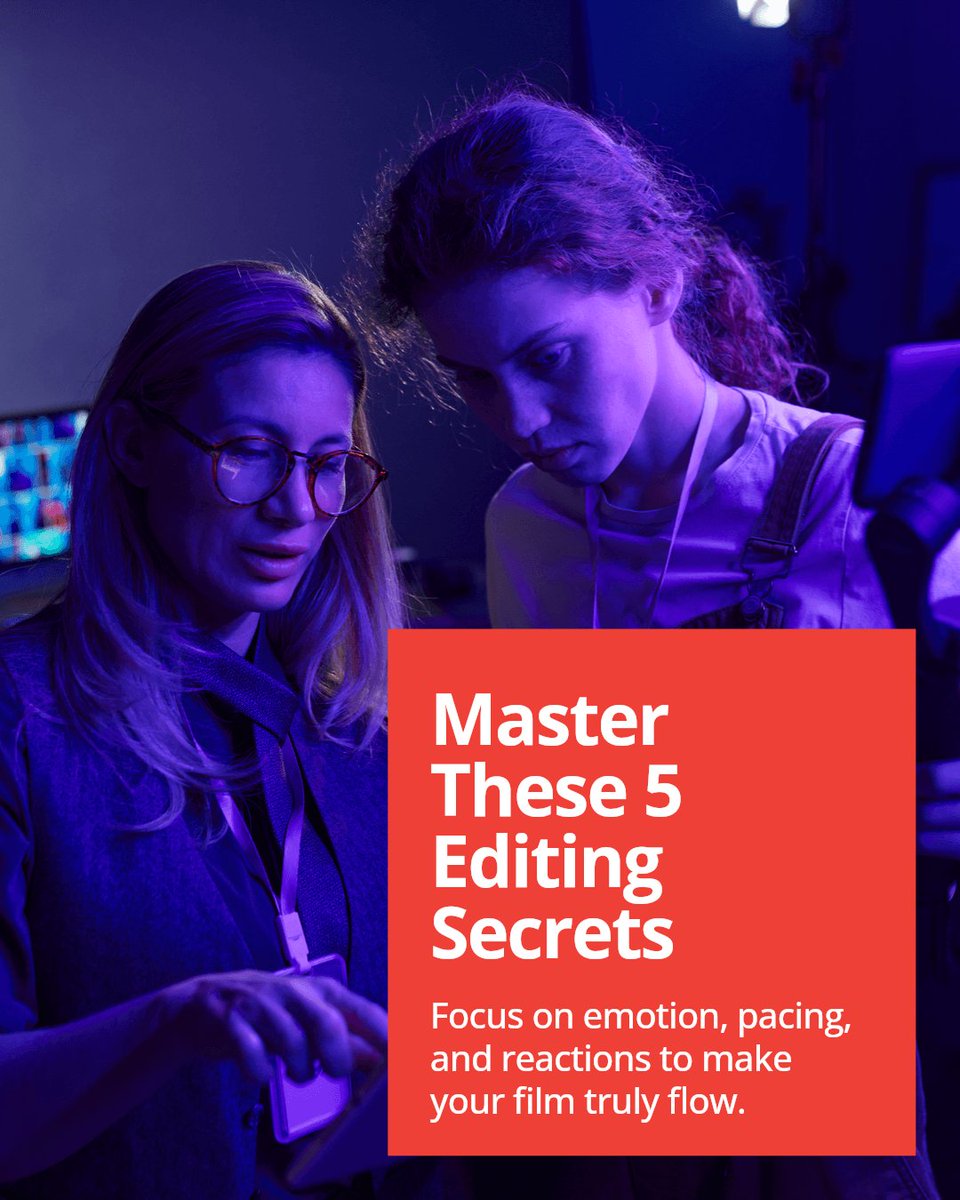StudentFilmMag's tweet image. Top 5 editing tricks: 1) Match on Action 2) L-Cuts &amp;amp; J-Cuts 3) Consistent pacing 4) Cut on emotion 5) Reaction shots. Master these to make your film glide. Ready to level up? #FilmmakingTips #StudentFilmmakers