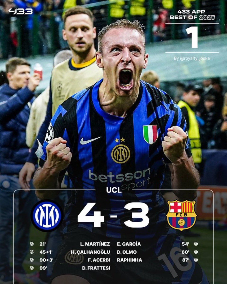 FBiasin's tweet image. La partita più bella del 2025 per gli utenti di @433
(e, sì, decisamente anche per me).

“Sì ma poi hai preso 5 pere in finale”. Ed è verissimo, ma le infinite emozioni di Inter-Barcellona 4-3 non le dimenticherò mai.