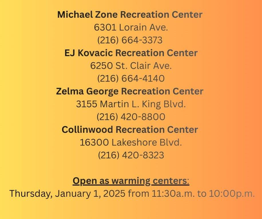 ClevelandEMS's tweet image. New Years Day will be a cold one. The City of Cleveland is open warming centers from 11:30a.m. to 10:00p.m.