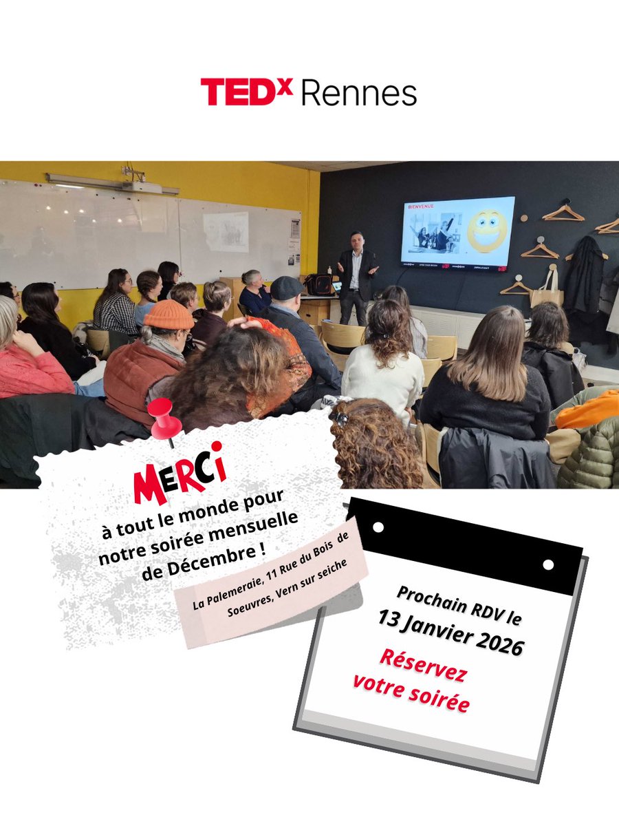 Merci aux personnes présentes à la #soiréemensuelle #TEDxRennes de Décembre 2025.

Votre énergie, vos échanges et votre curiosité ont vraiment donné le ton de la soirée.

👉 Rdv le 13 janvier 2026 !
Notez la date, on a hâte de vous y retrouver !

#communauté #découvertes