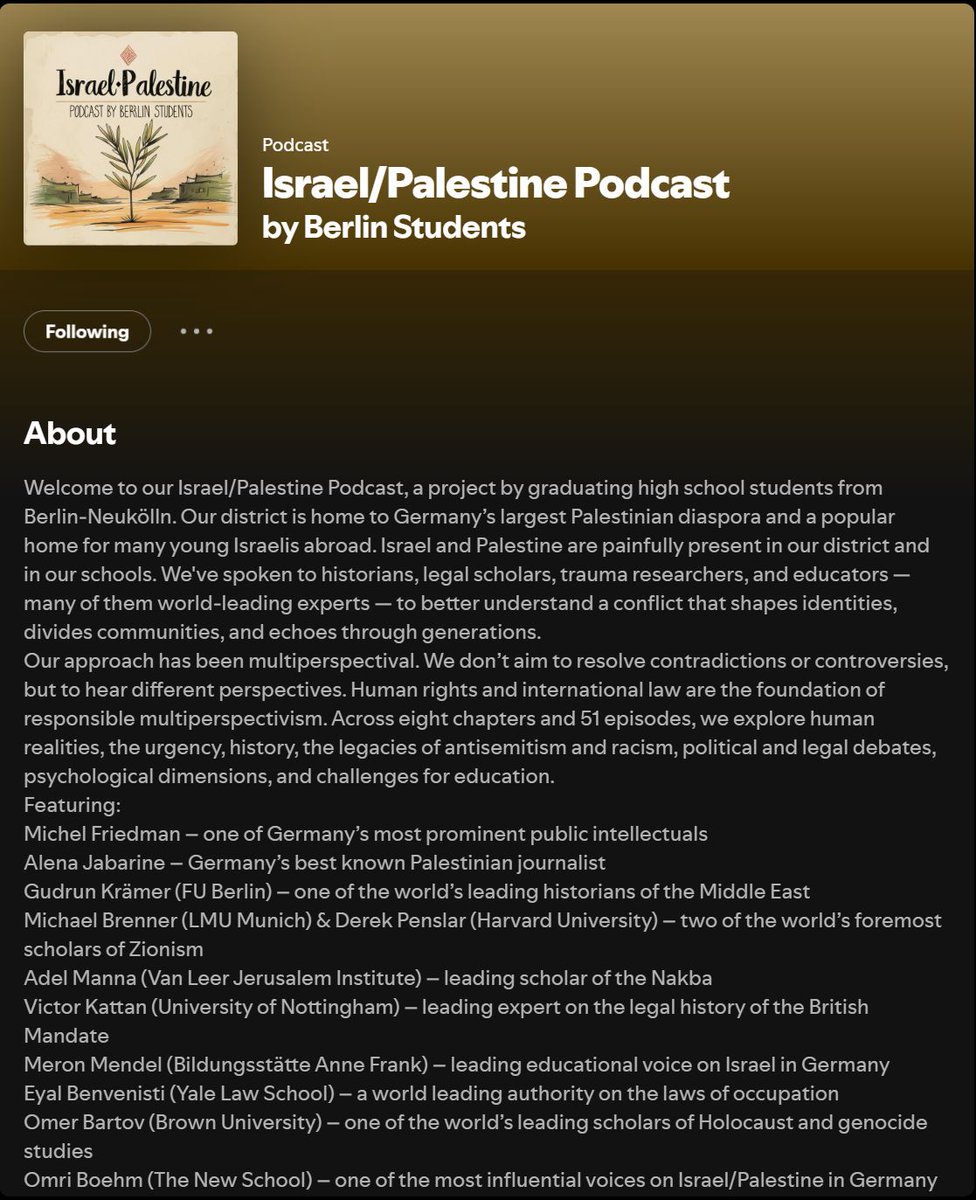 (1/5)Eine der spannendsten Initiativen des Jahres: Eine Gruppe von Abiturienten der Walter-Gropius-Schule in Berlin-Neukölln hat im Laufe von 2025 einen  beeindruckenden Podcast zu Israel &amp; Palästina auf die Beine gestellt. 51 Episoden an Interviews mit international renommierten