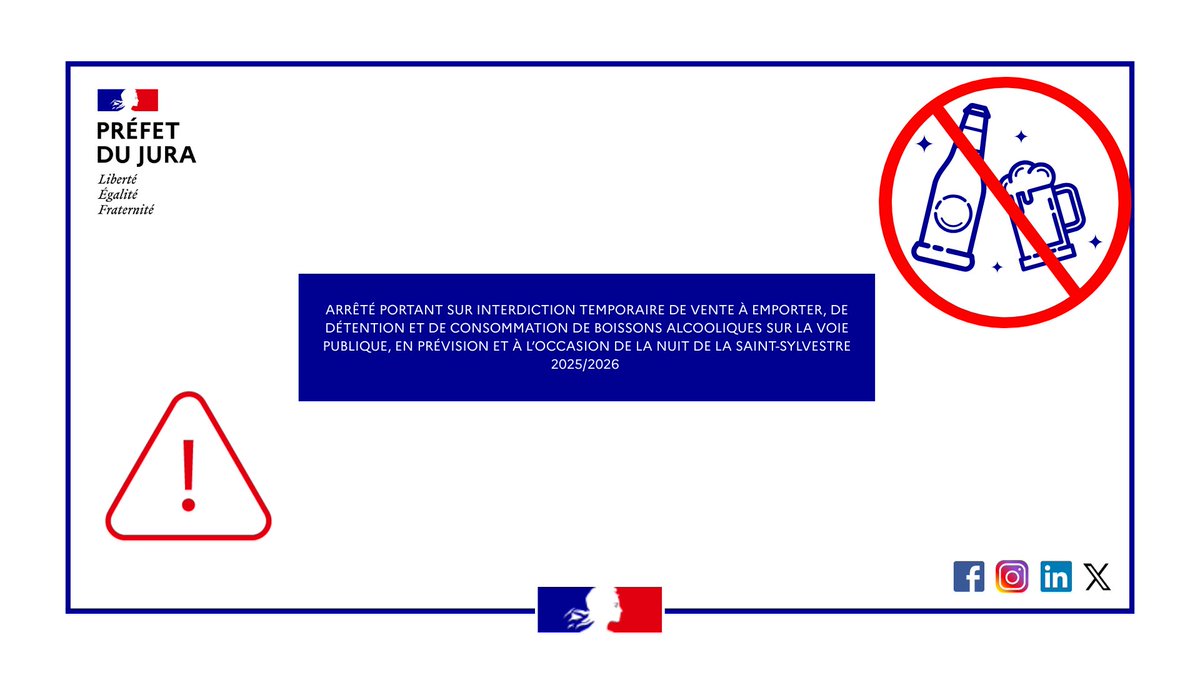 Image de Préfet du Jura - ⚠️ #Réveillon | Sécurité publique 

🚫Interdiction temporaire, dans le Jura, interdiction temporaire