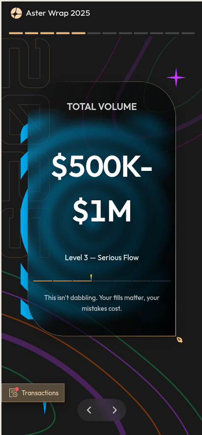 Biết đến #AsterDex hơi muộn nên mới tham gia từ Stage 3, nhưng cũng đạt tổng volume giao dịch $500K-$1M.

Năm 2026 sẽ cố gắng tham gia hết các chiến dịch của Aster và đạt tổng volume trên $5M. Kỳ vọng ASTER sẽ là BNB thứ 2.

#AsterWrap2025