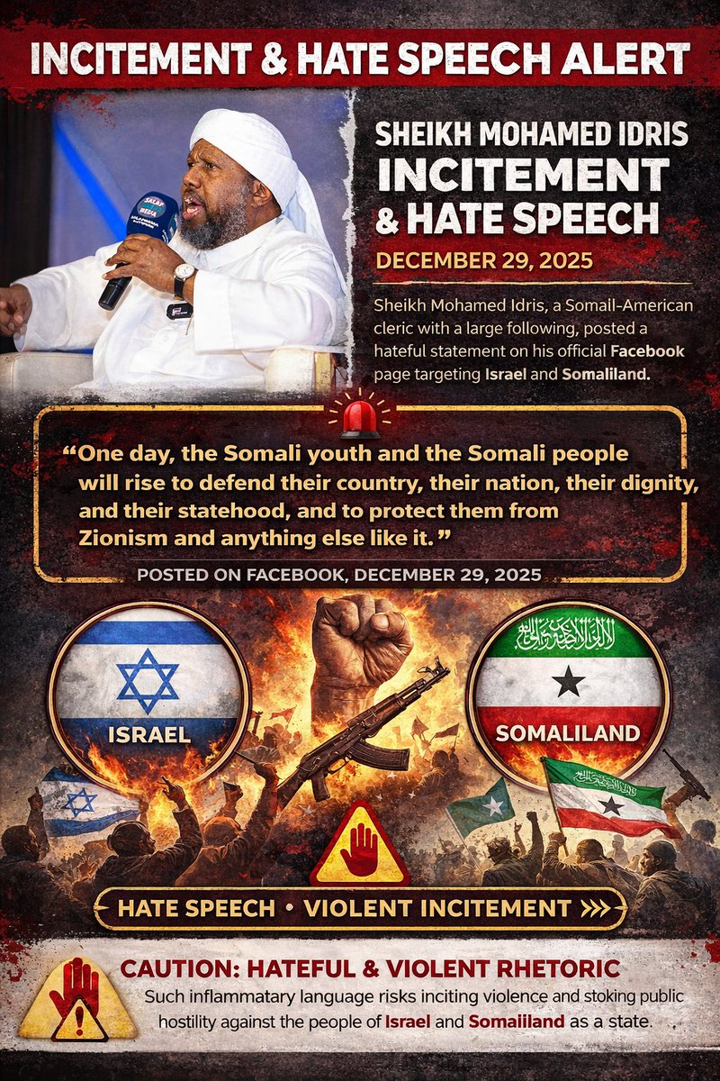 🚨 Incitement Alert!
Public statements that frame political disputes through religious absolutism and call for “youth to rise” against named groups risk fueling violence.  <a href="/TimesIsrael_Rbx/">Times of Israel</a> <a href="/IsraelMFA/">Israel Foreign Ministry</a> <a href="/RAbdiAnalyst/">Rashid Abdi</a> <a href="/Abdirahmanirro/">Cabdiraxmaan Cirro</a>