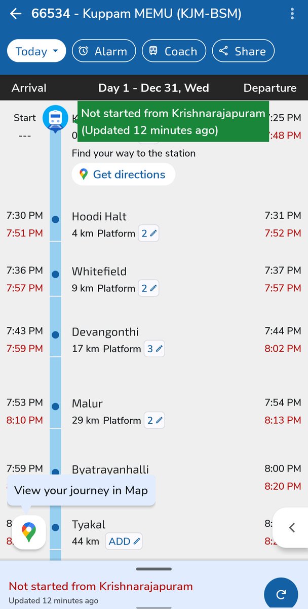KodandaM966's tweet photo. Train No:66534
It is supposed to depart KR Puram at 7:25PM not yet came and everyday this train runs more than hour late
Useless service from @RailwaySeva
Useless and unfit DRM @drmsbc in bangalore division like useless minister @AshwiniVaishnaw
@RailMinIndia @SWRRLY @PMOIndia https://t.co/bsF62FVYyq