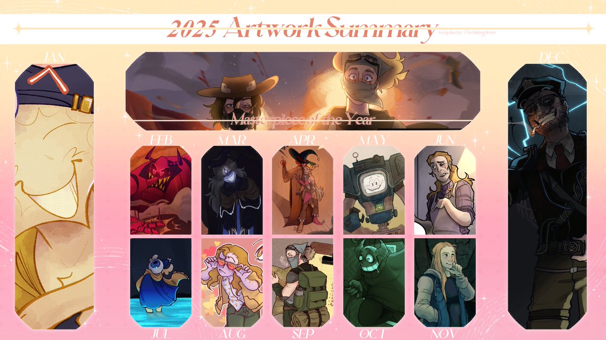 Here's my 2025 art summary!! Template made by TheJokingJester on this app :] I'm super happy with all the art I made this year, it's been a long time since I was able to keep consistently making art, so I'm proud of myself!
#ArtSummary2025 #originalart