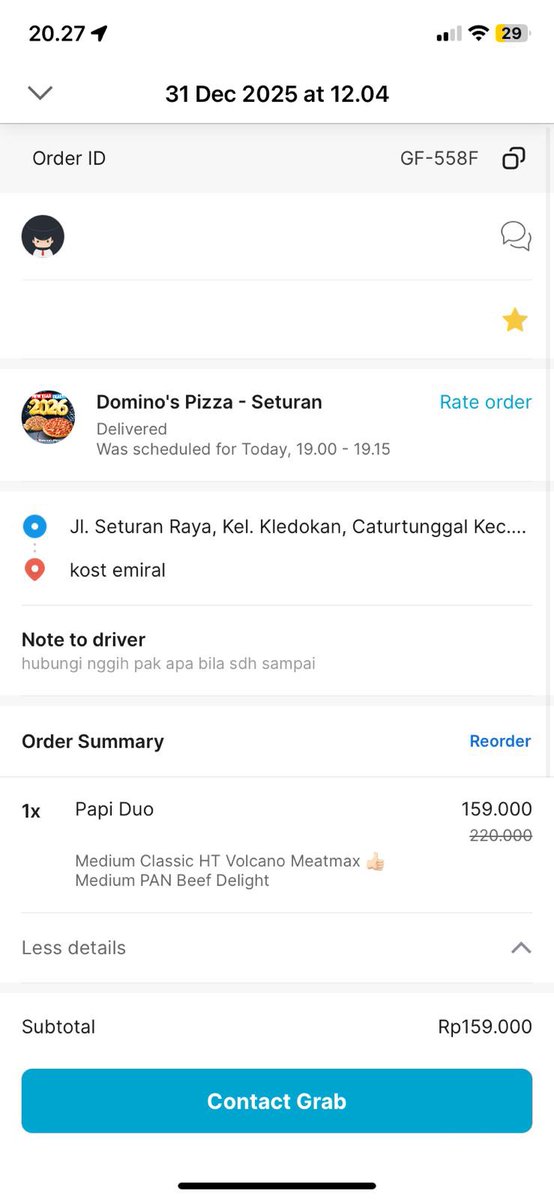 hhyeinw's tweet photo. @GrabID minnn gimana ini, akuu pesen pizza scheduled dr jam 12 siang tadii, jam set6 td udah di kitchen eh sampe jam 8an ga nyampe”… trs tbtb dah bisa di rate, dimana artinya pizzanya dah nyampe… TRNYATAAA pizza nya ga nyampe dan uangnya ga balik, even drivernya aja fiktif😭😭 https://t.co/rFuLEudQLs