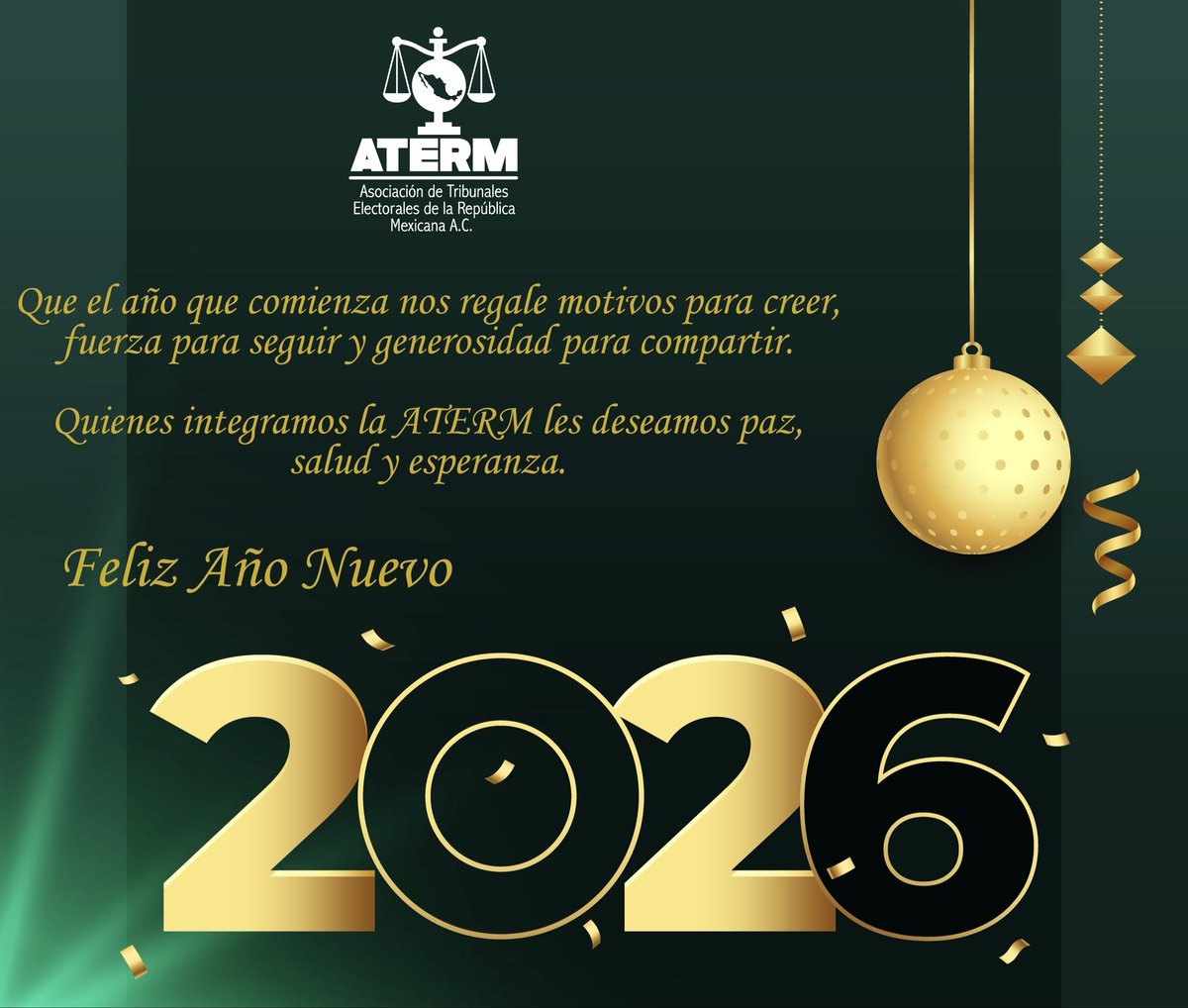 Que el año que comienza nos regale motivos para creer, fuerza para seguir y generosidad para compartir.
Quienes integramos la ATERM les deseamos paz, salud y esperanza.
¡Feliz Año Nuevo 🌟!

Mgda. <a href="/magali_cor14521/">Magali Arellano Córdova</a> 
Presidenta