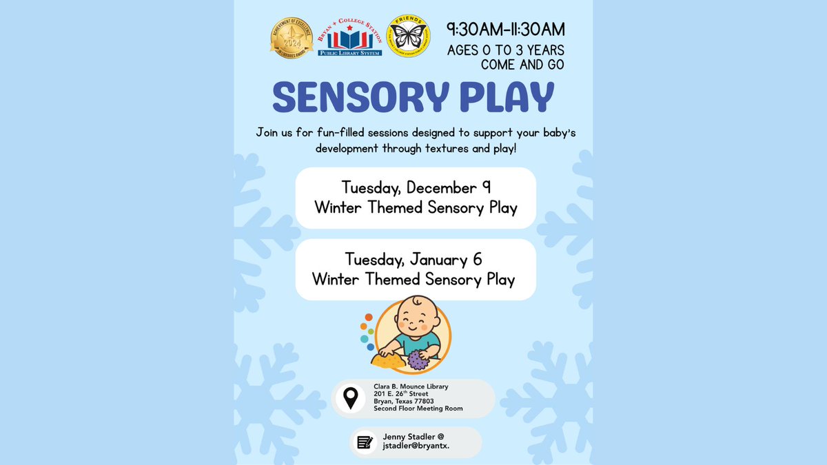 BCSPubLib's tweet image. Join us at the Mounce on Tuesday, January 6th, from 9:30AM-11:30AM for Winter themed sensory bin fun! This is for ages 0 to 3 years and registration is not required. #bcstx #sensoryplay #winter