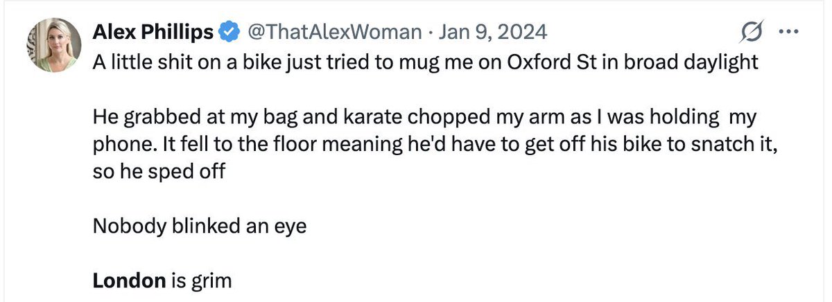 dbwthefirst's tweet photo. @ThatAlexWoman Oh dear Alex you must be the unluckiest woman to get mugged so often in London - or more accurately you’re a massive lying rage baiter with form for lying. https://t.co/xBNjMMqwoZ