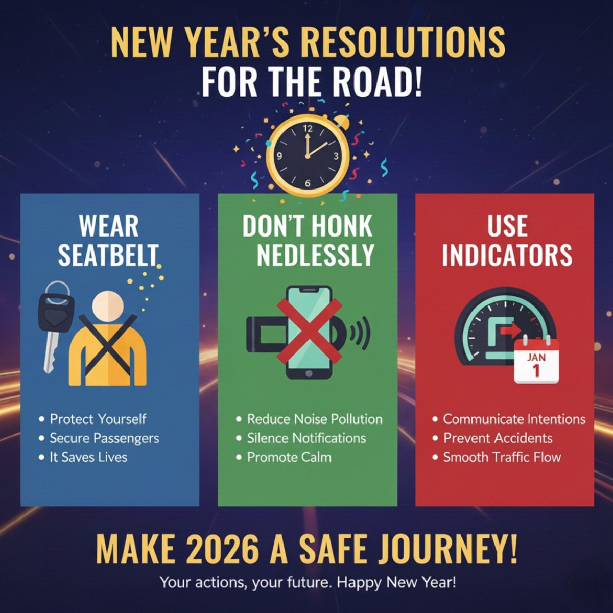 trafficmitra_'s tweet photo. New Year, New Promise 🚘✨

Let’s make every journey safer by keeping distance, respecting traffic lights, and avoiding risky overtakes.Because reaching home safely is the best resolution of all.

Make 2026 a year of safe journeys and smarter driving!

 #HappyNewYear2026 https://t.co/ISqjhNMFE3