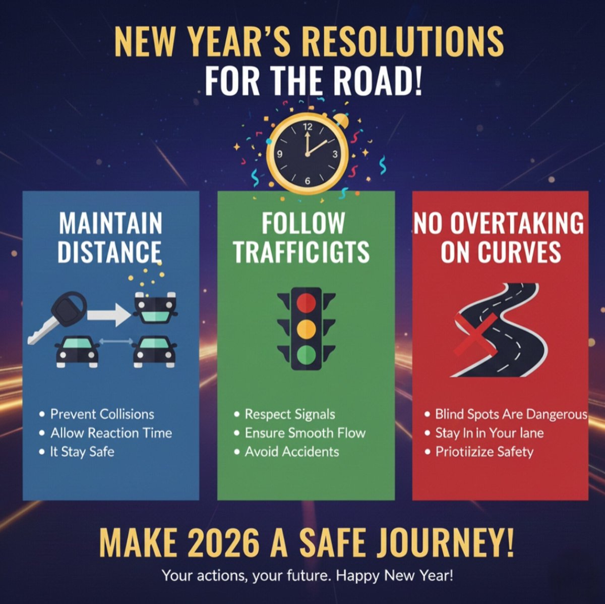 trafficmitra_'s tweet photo. New Year, New Promise 🚘✨

Let’s make every journey safer by keeping distance, respecting traffic lights, and avoiding risky overtakes.Because reaching home safely is the best resolution of all.

Make 2026 a year of safe journeys and smarter driving!

 #HappyNewYear2026 https://t.co/ISqjhNMFE3
