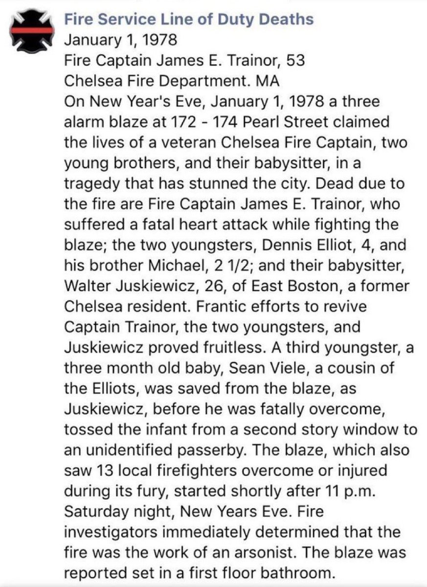ChelseaScanner's tweet image. Today we remember
@FDChelseaMA
Firefighter James E Trainor
Fire Captain Trainor made
the ultimate sacrifice while
fighting a 3-alarm #arson
fire on New Years Eve (1978)
#LODD #NeverForget #RIP
#ChelseaMA #ChelseaFire