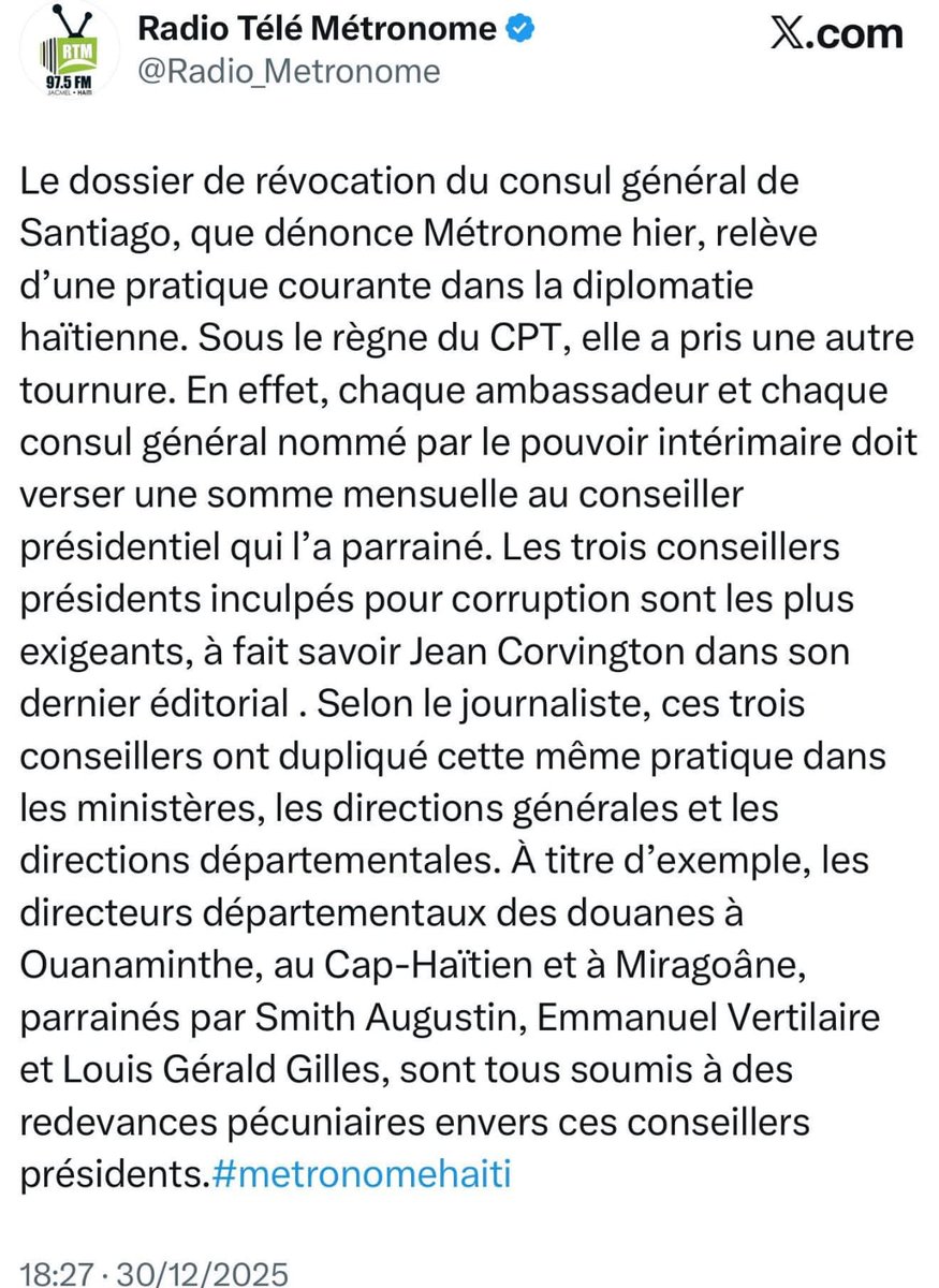 Un consul révoqué pour avoir refusé d’obéir aux injonctions malhonnêtes d’un conseiller présidentiel inculpé pour corruption aggravée. Haïti ou quand l’intégrité devient une faute et que la déférence protocolaire sert de paravent à l’indignité : c’est un effondrement moral.