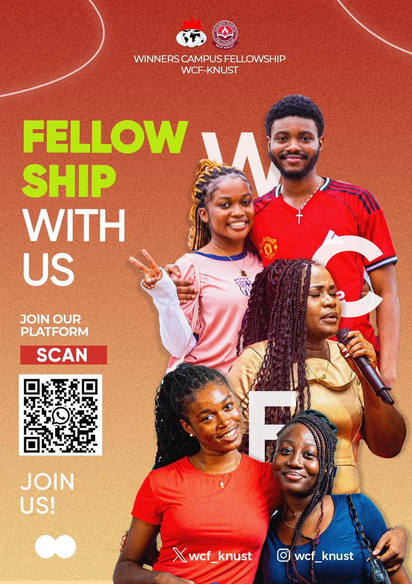 We invite you to fellowship with us at WCF, KNUST, a community of believers under the leadership of Winners' Chapel International.🤝🎊
New members, and freshers students are all welcome to have a great time with us on Campus. Stay in touch on all our platforms🔥🙌