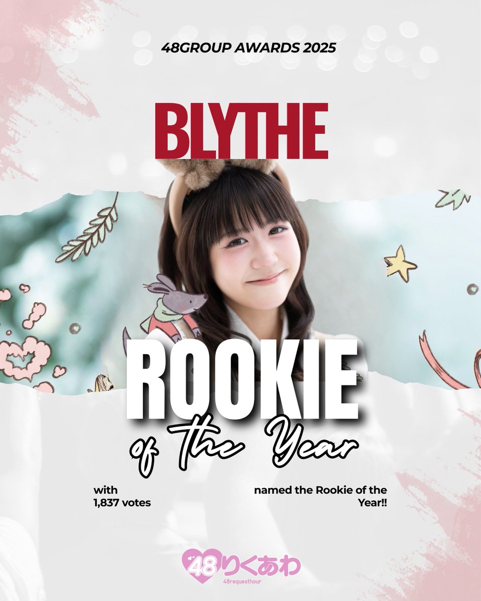 🏆48GROUP AWARDS 2025🏆

【Rookie of the Year】

Congratulations to BNK48 — Blythe with 1837 votes!

TOP 5:
#1. Blythe (BNK48) - 1837 votes
#2. Maj (MNL48) - 1039 votes
#3. Sarina (MNL48) - 736 votes
#4. Erine (JKT48) - 382 votes
#5. Mikamo Kurumi (NMB48) - 365 votes