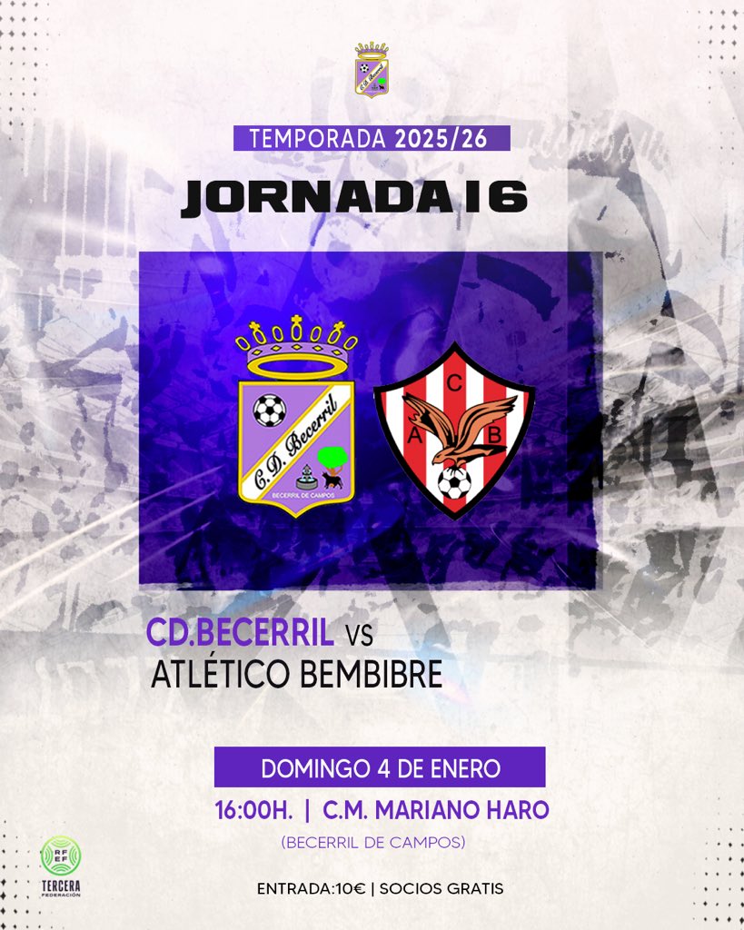 ⚽️ Temporada 2025/26

🏆 Jornada 16

🗓 Domingo 4 de Enero  
🕓16:00h.
🏟 Mariano Haro
🆚 <a href="/AtcoBembibre/">Atlético Bembibre</a> 

🎟️ Entrada:10€
🆓 Socios gratis 

#rugeBecerril