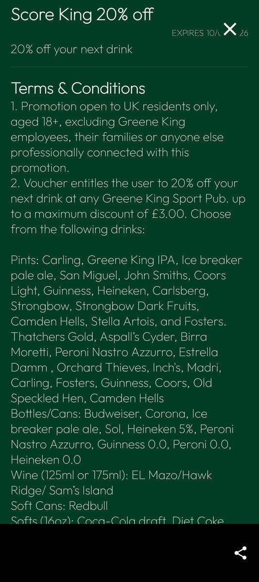 Hey <a href="/greeneking/">Greene King</a> how come your 20% off doesn't work for Estrella, when it specifically says in your Terms that it does ? They zap the QR code at the till, but no discount. What gives ? If you're not going to honour your own Terms, then don't dish out the vouchers #greeneking 😠
