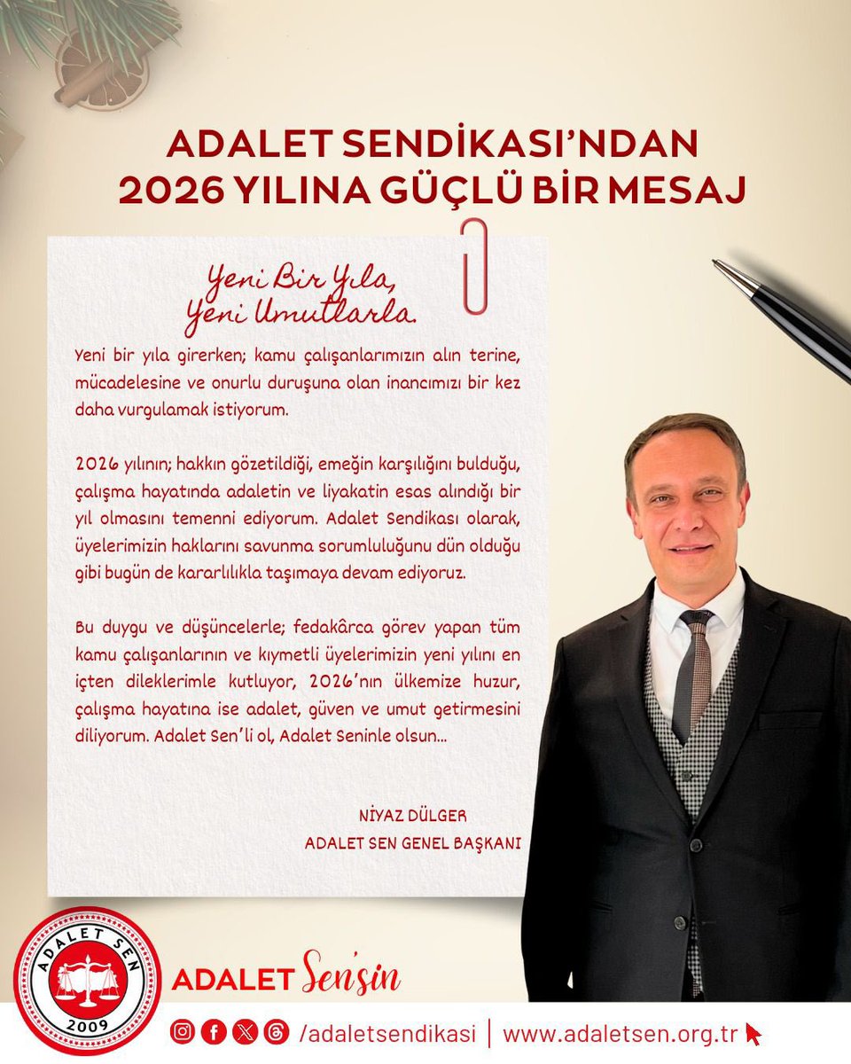 Yeni bir yıla girerken; kamu çalışanlarımızın alın terine, mücadelesine ve onurlu duruşuna olan inancımızı bir kez daha vurgulamak istiyorum. 

2026 yılının; hakkın gözetildiği, emeğin karşılığını bulduğu, çalışma hayatında adaletin ve liyakatin esas alındığı bir yıl olmasını