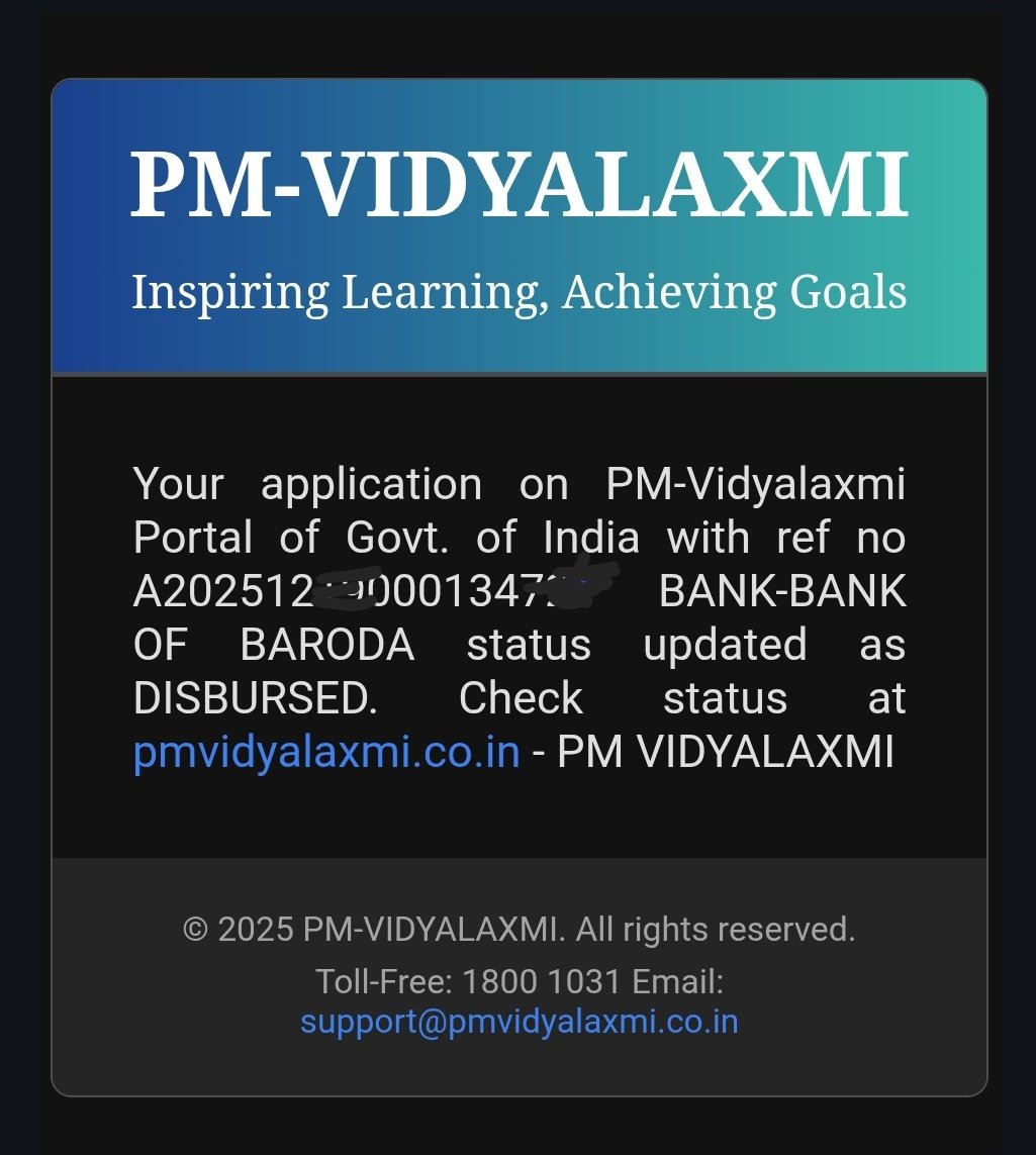 Grateful to Hon’ble PM <a href="/narendramodi/">Narendra Modi</a> ji &amp; Govt. of India for the #PMVidyalaxmi Portal 🇮🇳
Special thanks to <a href="/bankofbaroda/">Bank of Baroda</a> &amp; their supportive team for making the education loan process simple and student-friendly.
 #EducationForAll #StudentEmpowerment #DigitalIndia #narendramodi